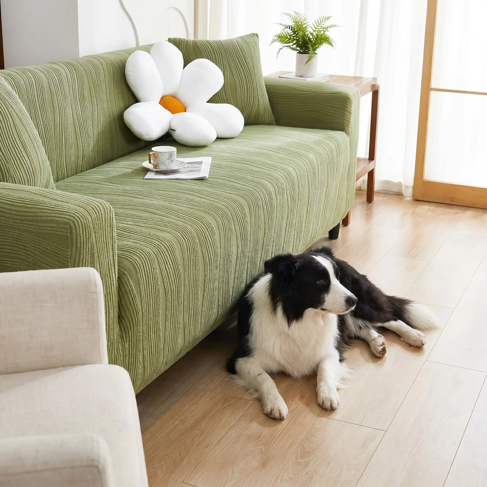 Hazel stretch sofa cover with dog, wider view