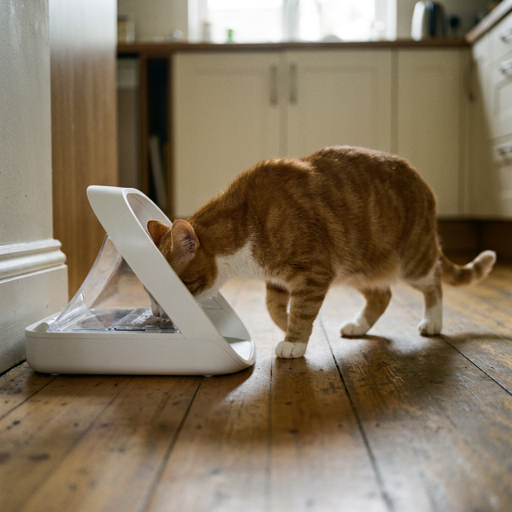 Cat using Latch feeder in home setting