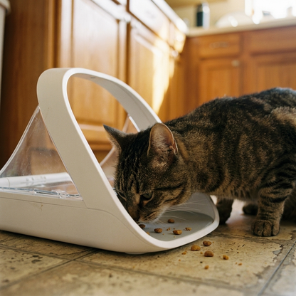 Cat approaching Latch microchip feeder