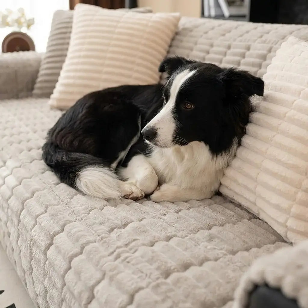 Atlas flannel sofa cover - Border Collie settled on sofa, warm evening light