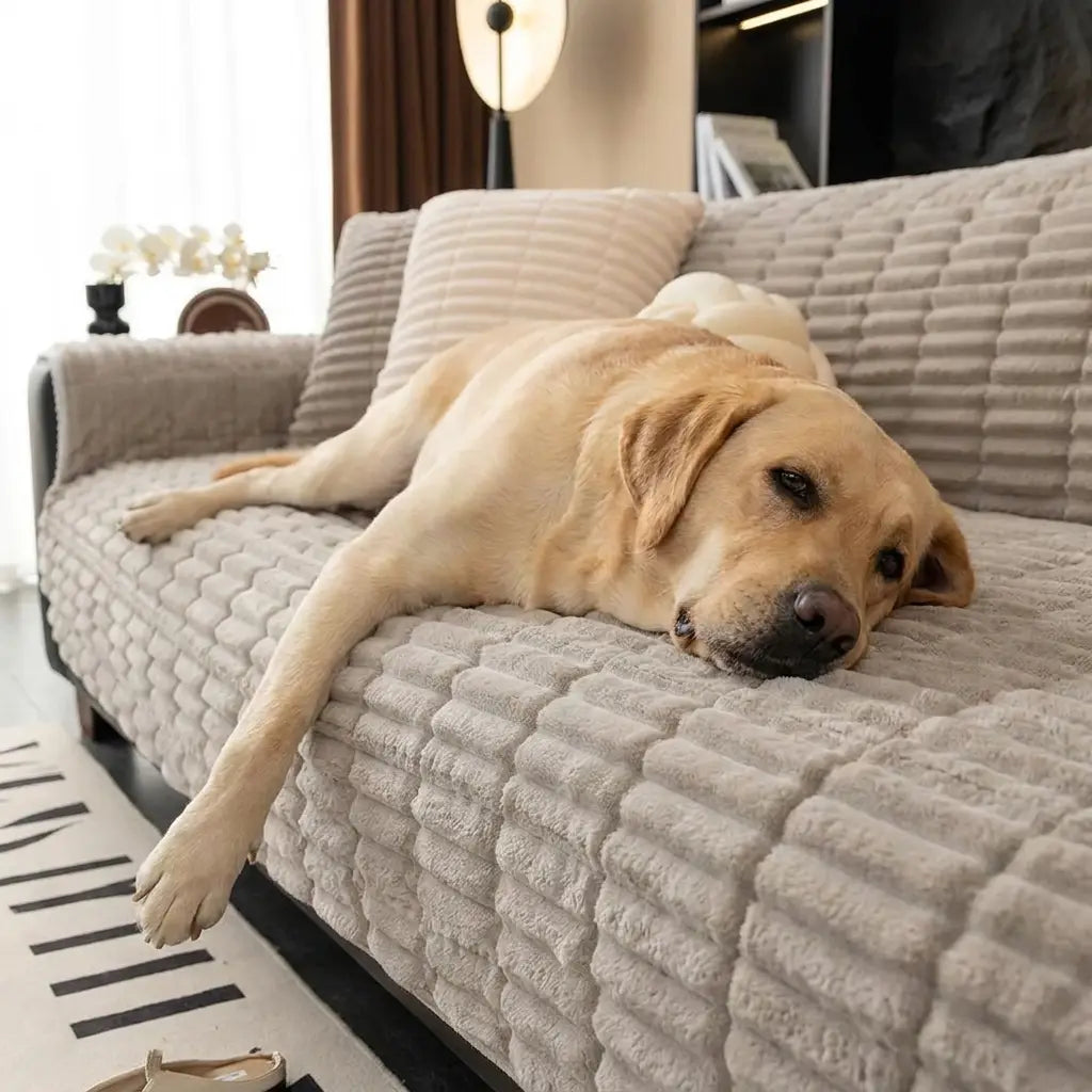 Atlas flannel sofa cover - Labrador Retriever sprawled on covered sofa, afternoon light