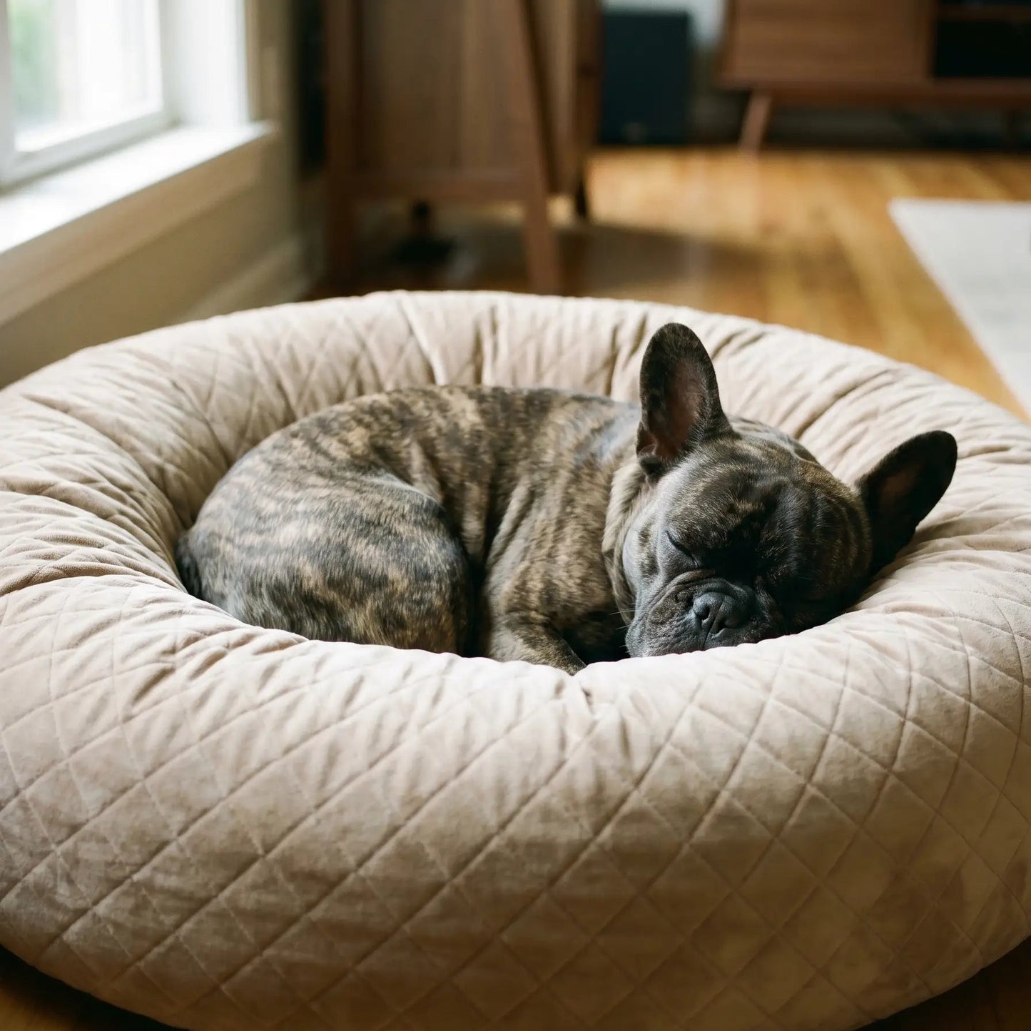 French Bulldog in Quill donut dog bed close-up