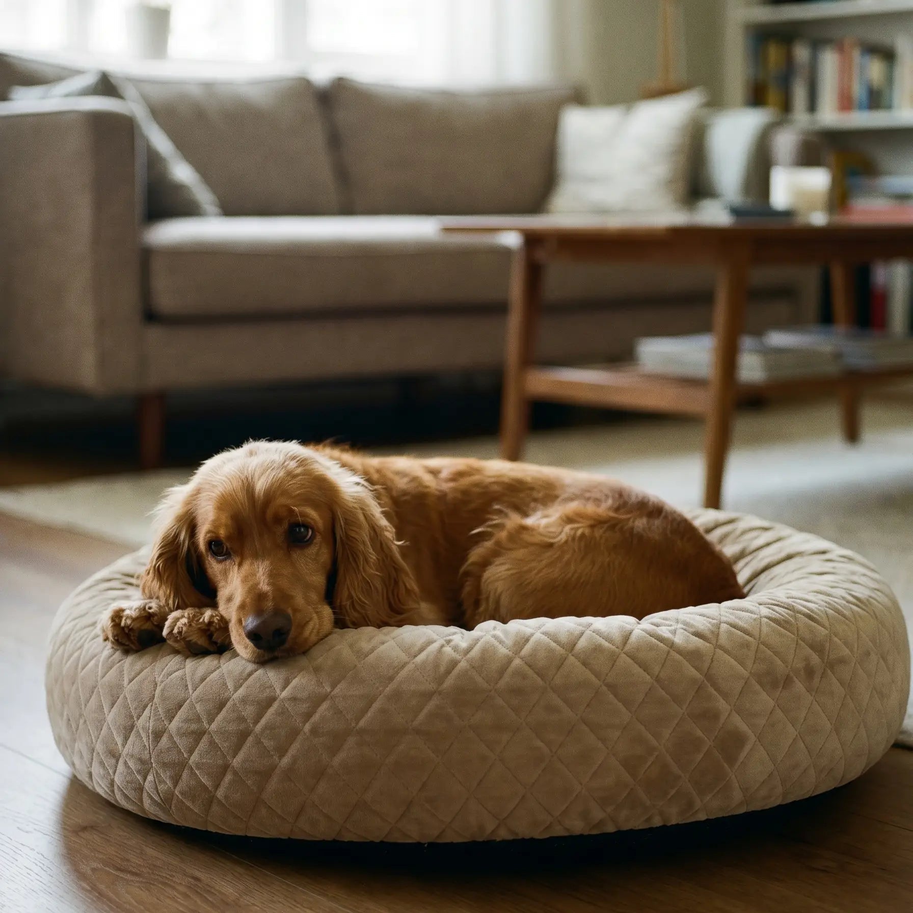Quill donut dog bed lifestyle wider shot