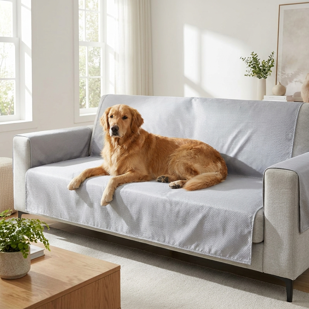 Glen ice silk couch cover - golden retriever on light grey sofa