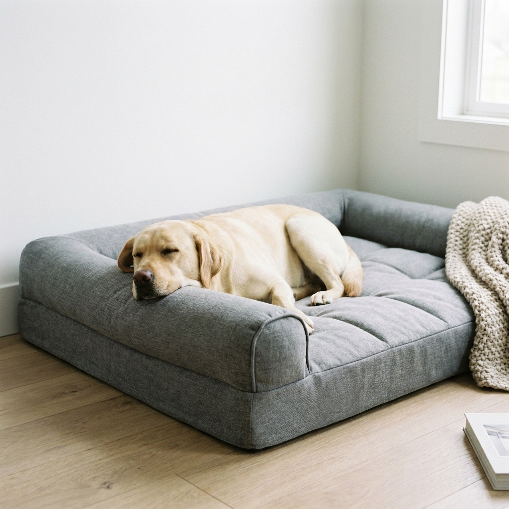 Bramble pillow dog bed - Labrador with head on raised pillow end