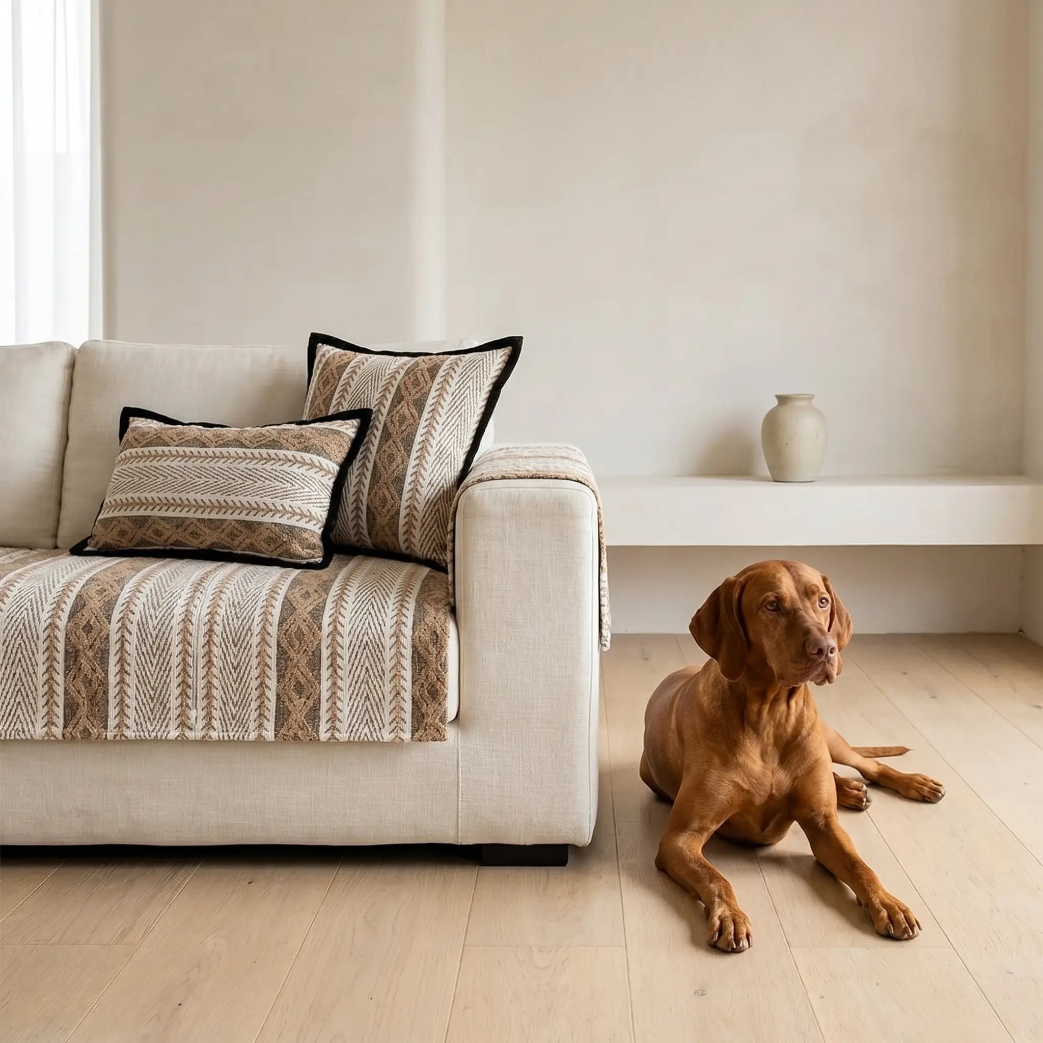 Hollow striped chenille cover in a living room