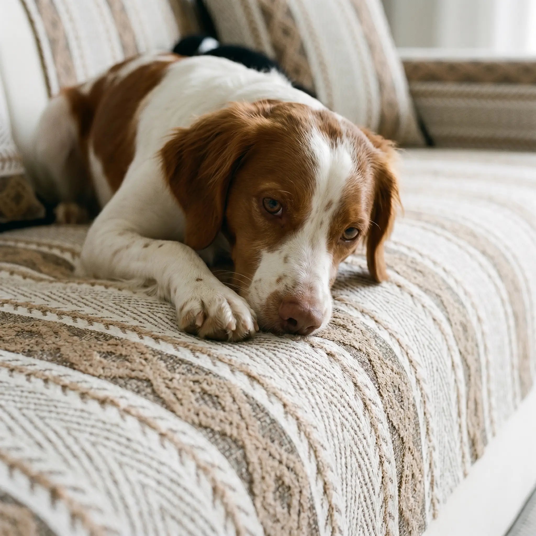 Brittany Spaniel on the Hollow striped cover