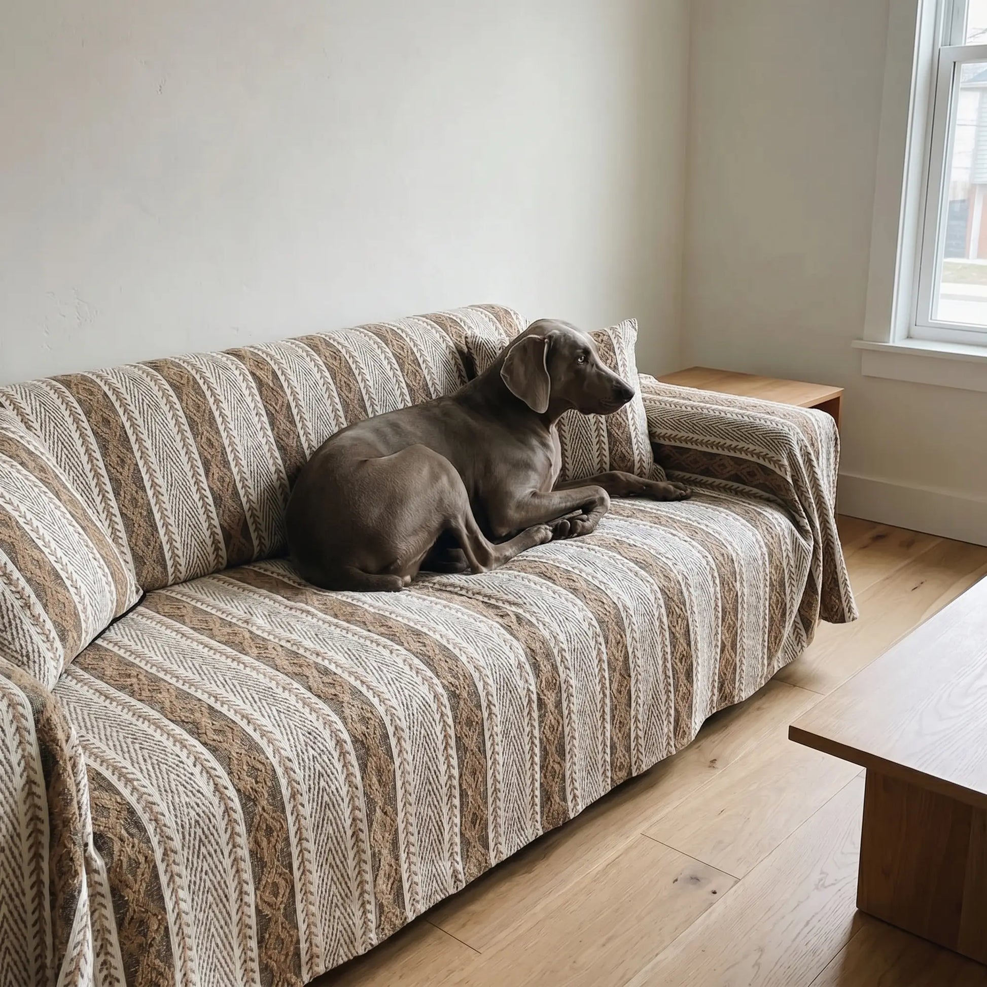 Weimaraner settling on the Hollow covered sofa