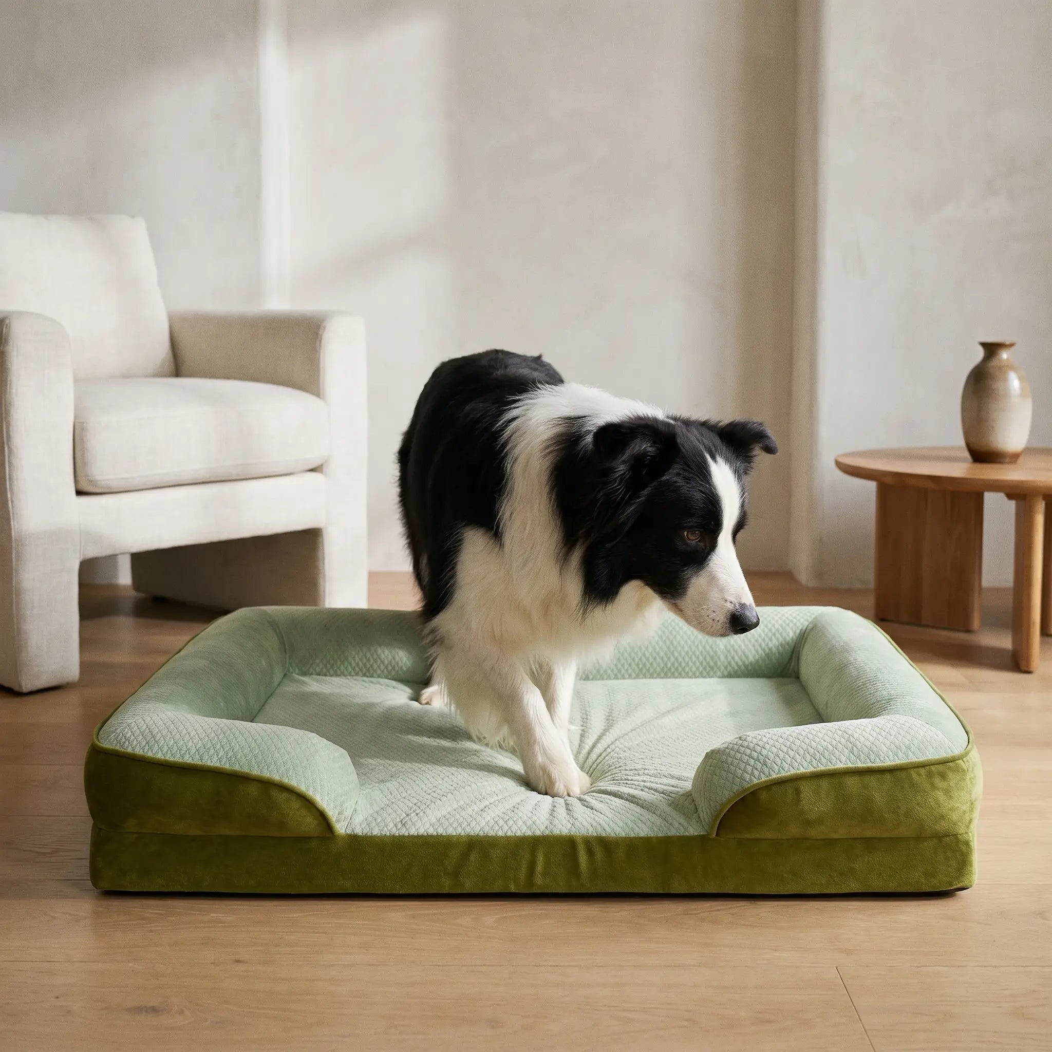 Luff cooling orthopedic dog sofa bed with dog, close up