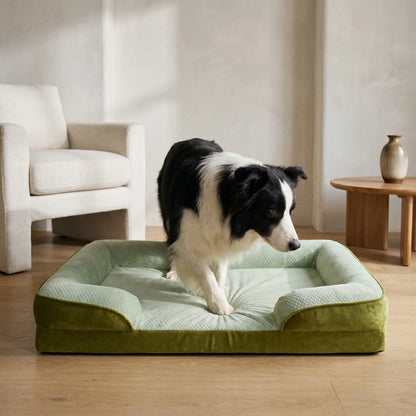 Luff cooling orthopedic dog sofa bed with dog, close up