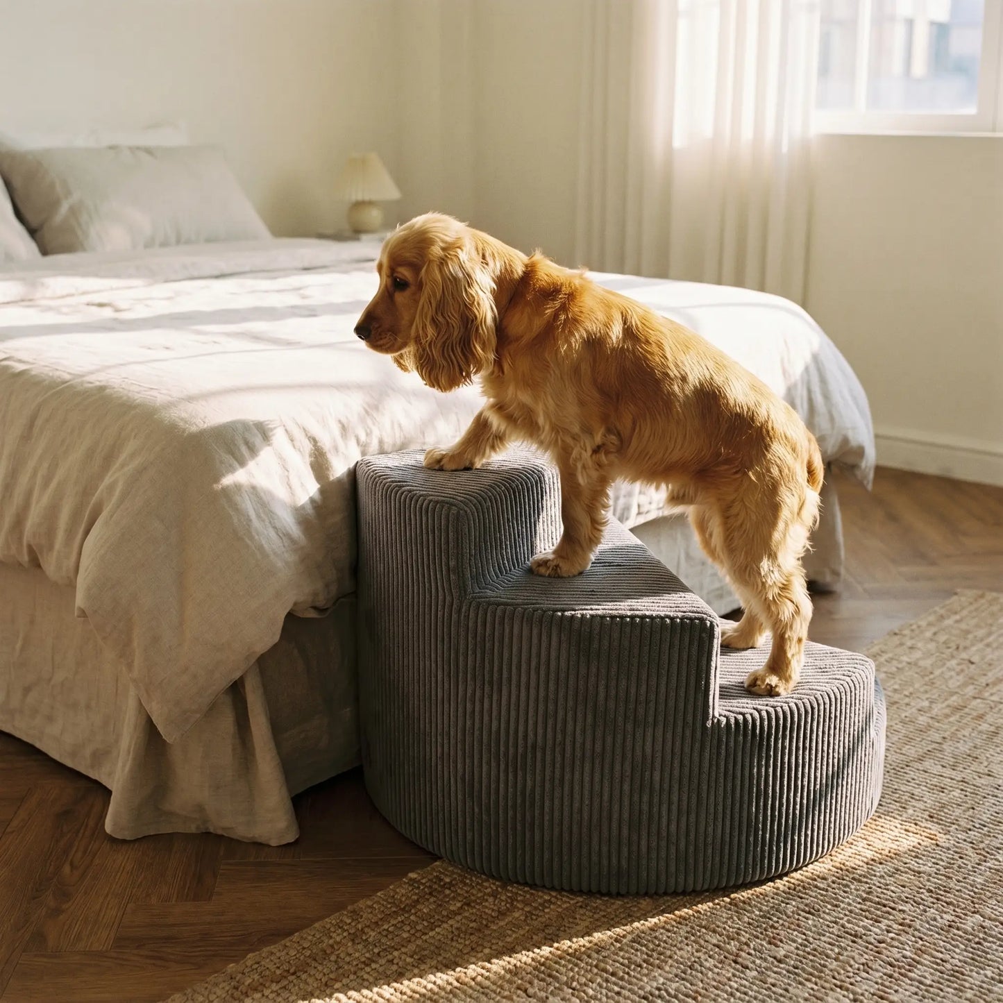 Cocker Spaniel at the top of the Reed pet stairs