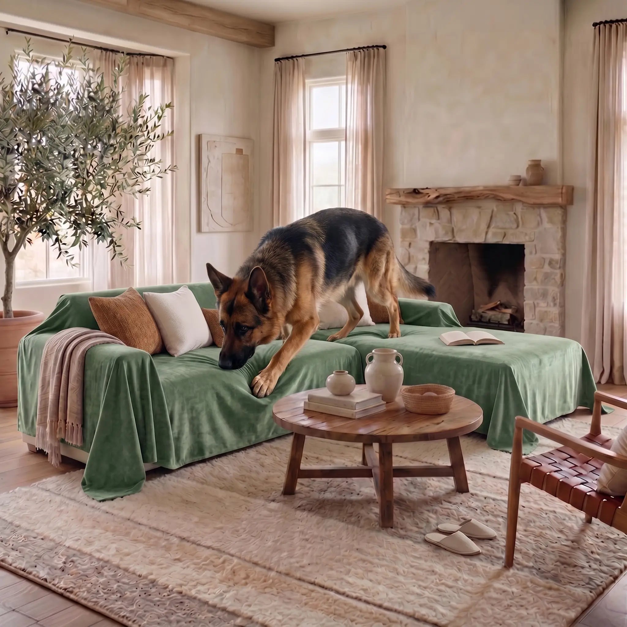 German Shepherd using the Riven couch cover