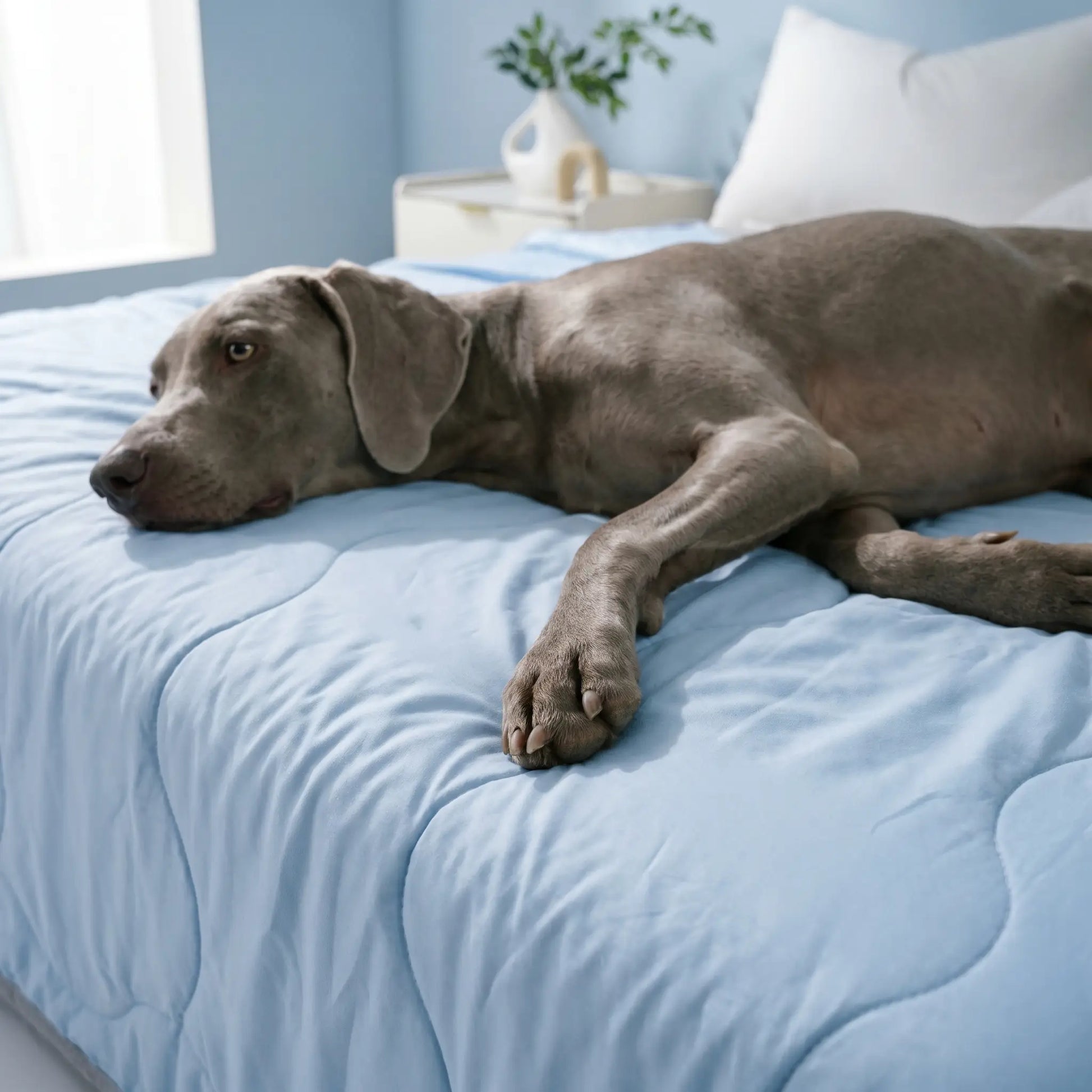 Weimaraner using the Sedge cooling blanket