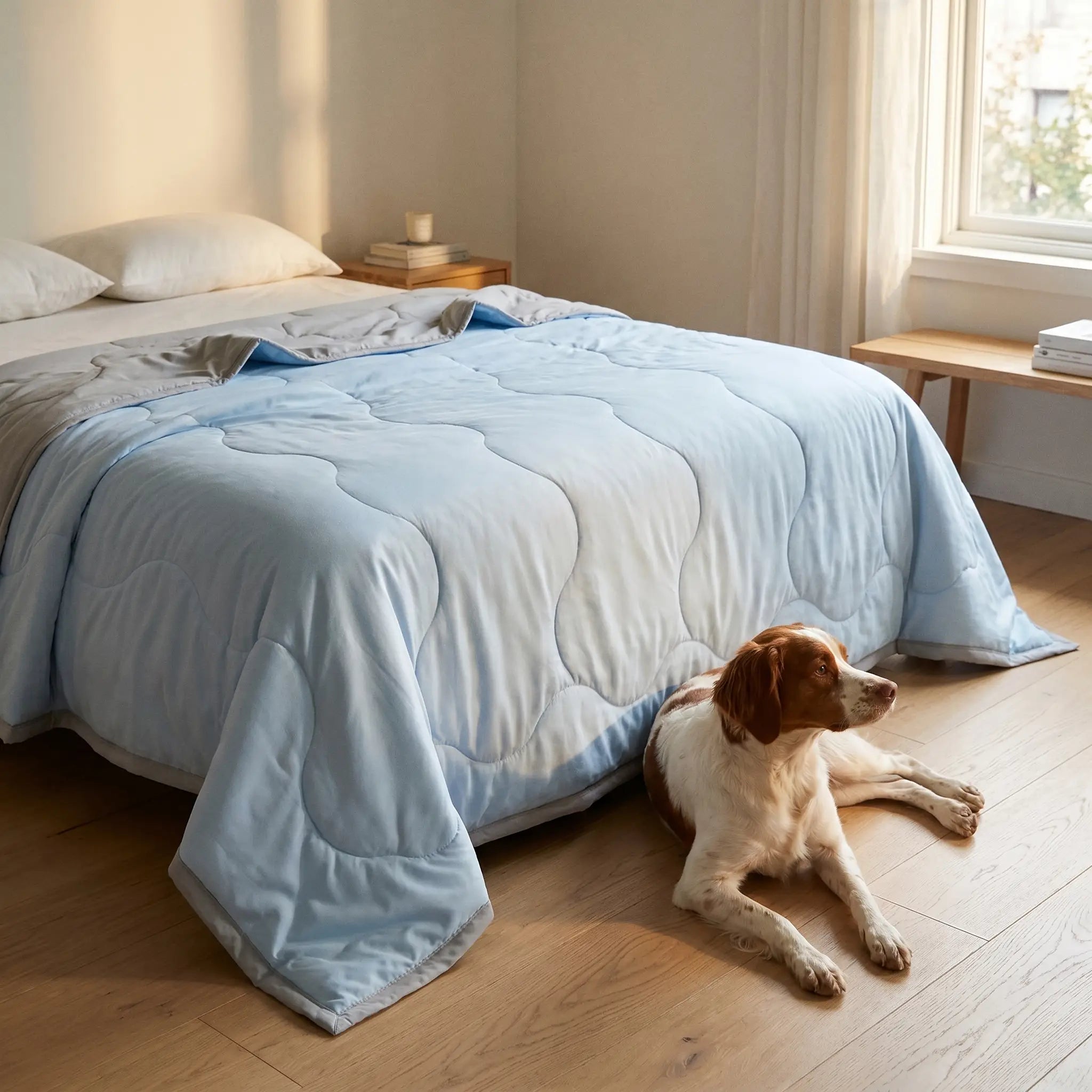 Brittany Spaniel with the Sedge cooling blanket