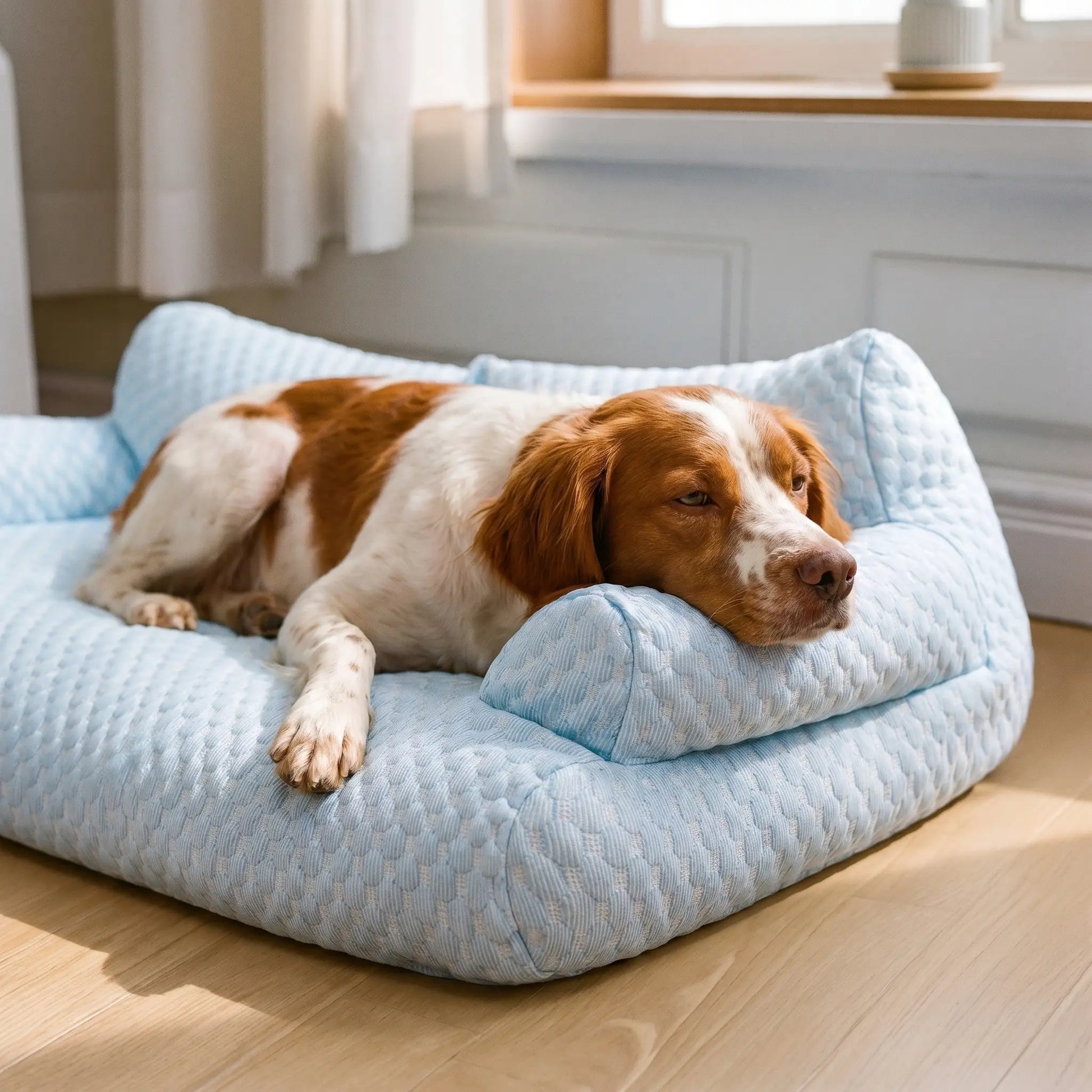 Brittany Spaniel curled in the Slade cooling bed