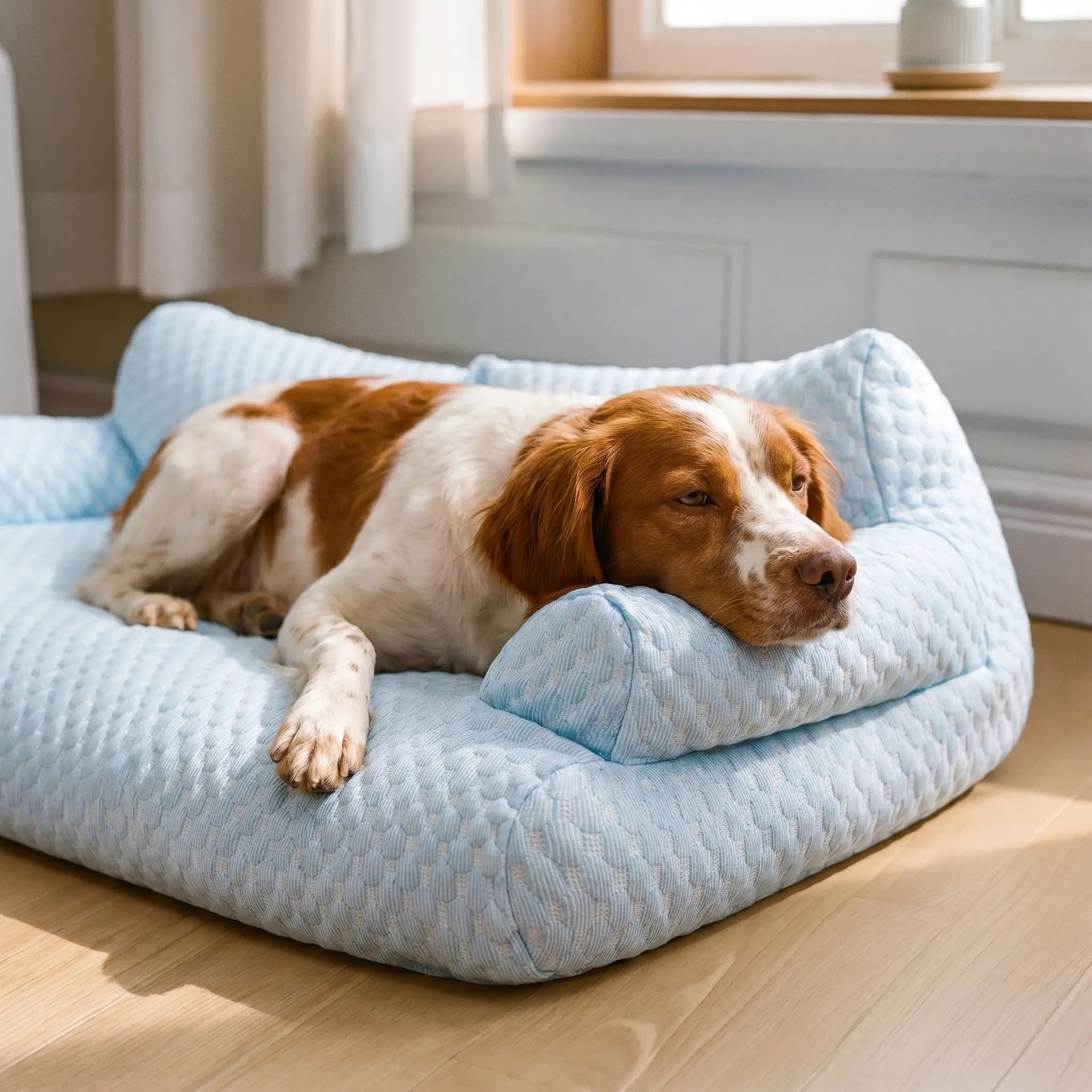 Brittany Spaniel curled in the Slade cooling bed