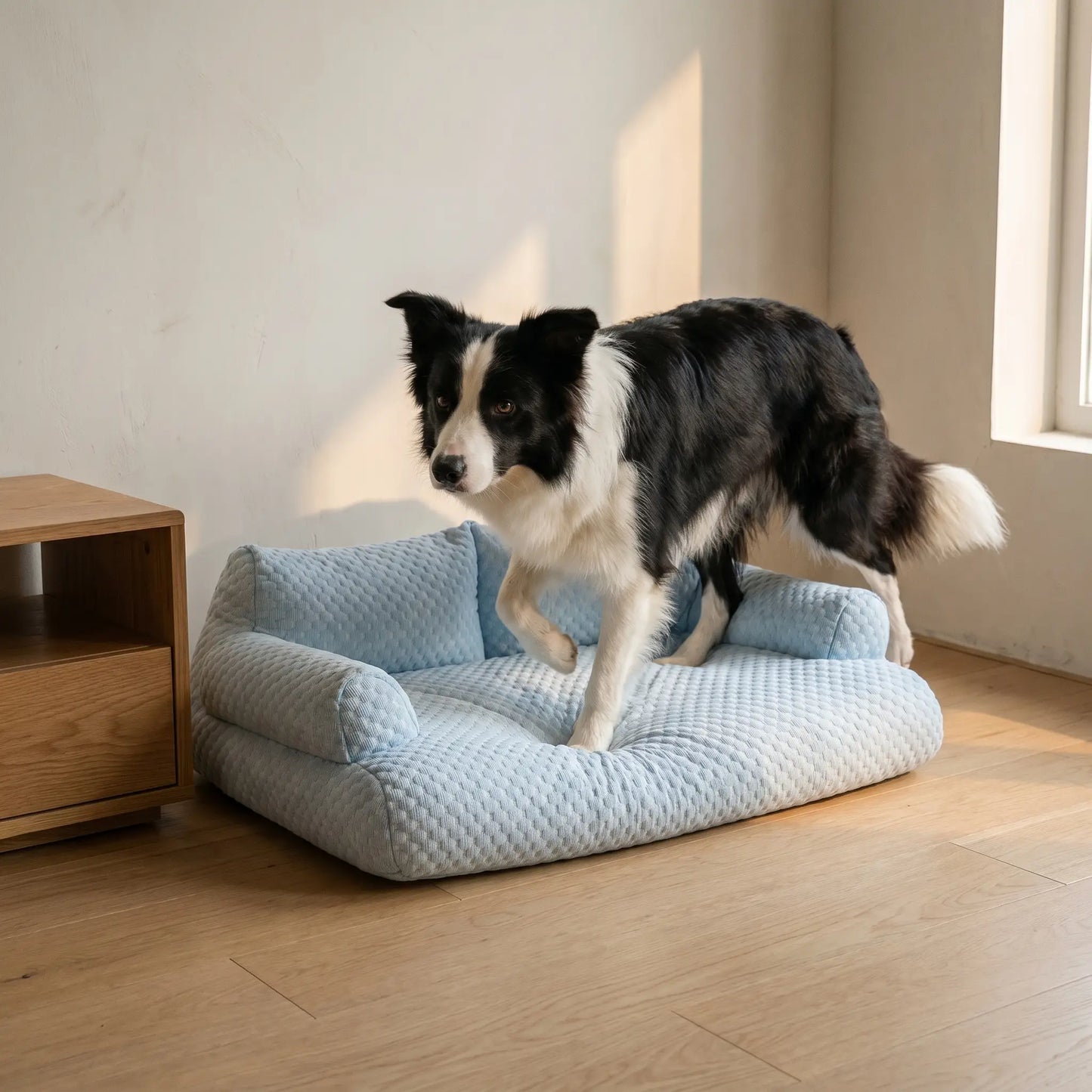 Border Collie stepping onto the Slade bed
