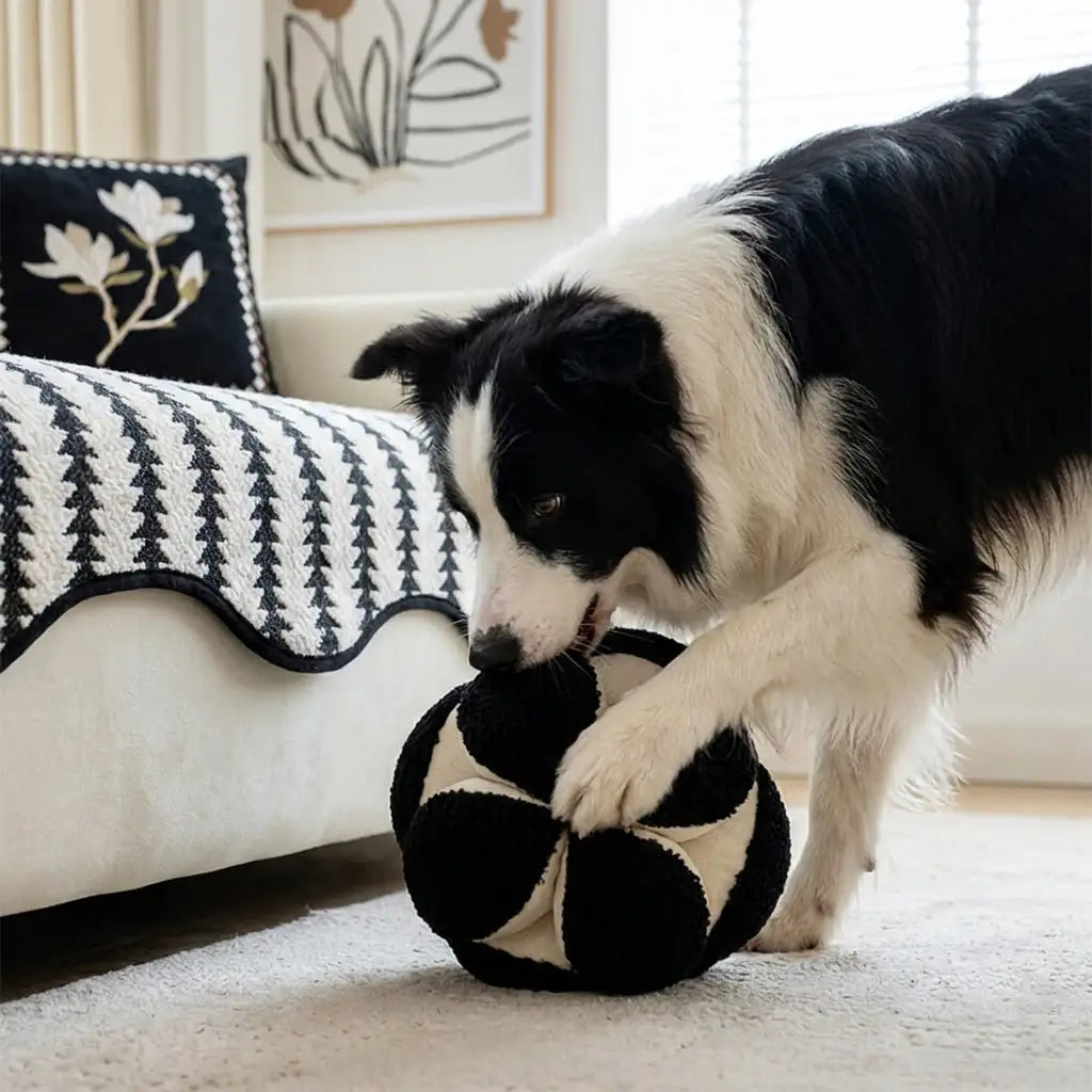 Stave chenille couch cover with dog, close up