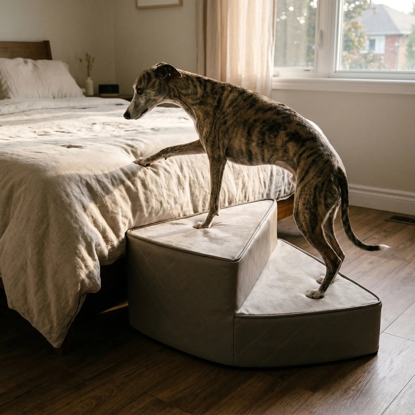 Whippet at the top of the Tamar pet stairs