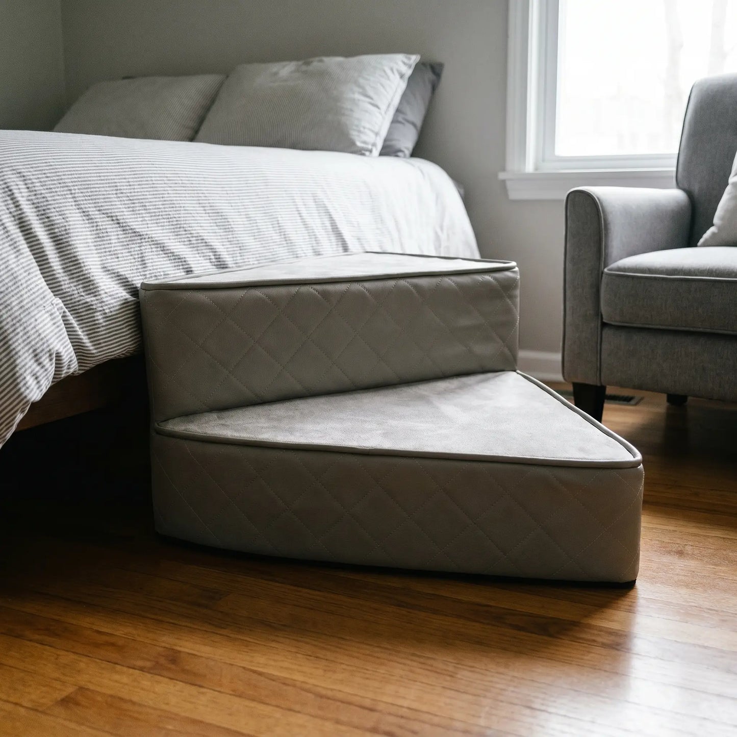 Tamar faux leather pet stairs beside a bed