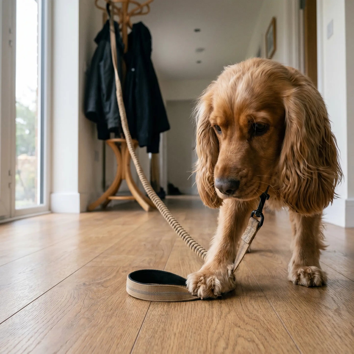 Cocker Spaniel using the Vesper bungee leash