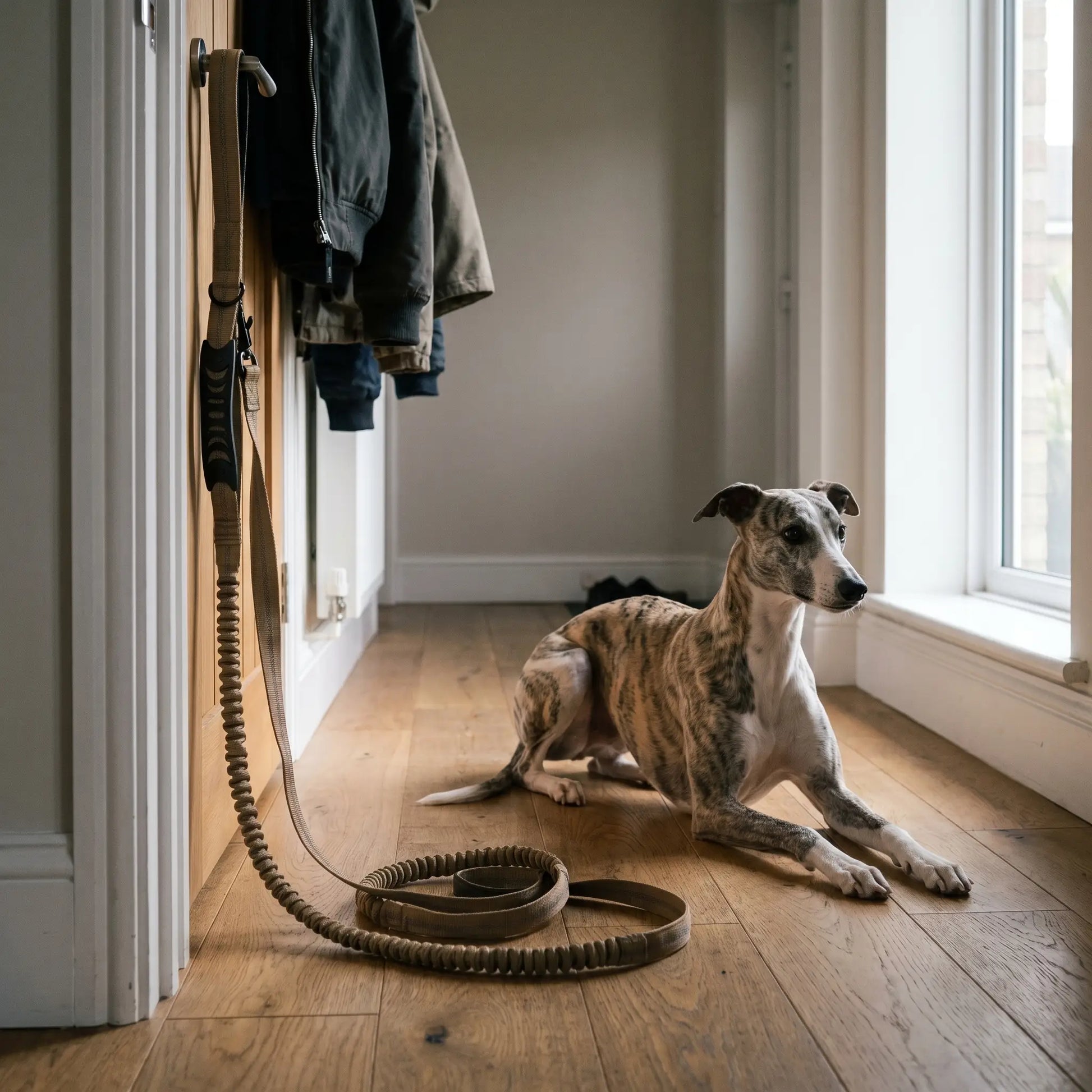 Whippet with the Vesper bungee leash